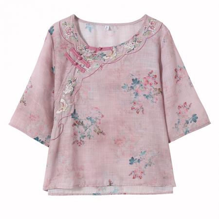 BY17290# 棉麻大码女装宽松显瘦T恤衫衬衫五分袖印花绣花时尚上衣夏季新款