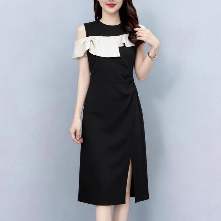 BY17291# 时尚气质黑白撞色拼接假两件套大码女装胖mm胖妹妹短袖连衣裙夏季