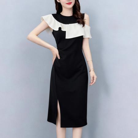 BY17291# 时尚气质黑白撞色拼接假两件套大码女装胖mm胖妹妹短袖连衣裙夏季