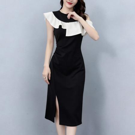 BY17291# 时尚气质黑白撞色拼接假两件套大码女装胖mm胖妹妹短袖连衣裙夏季