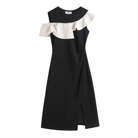 BY17291# 时尚气质黑白撞色拼接假两件套大码女装胖mm胖妹妹短袖连衣裙夏季