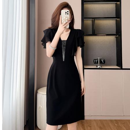 BY17292# 赫本风烫钻气质修身显瘦黑色短袖连衣裙大码女装胖mm阔太太夏新款
