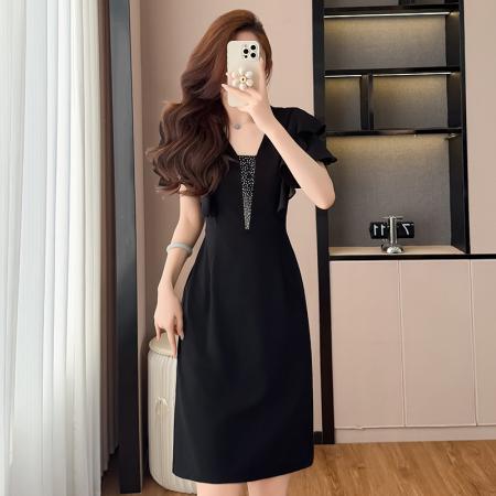 BY17292# 赫本风烫钻气质修身显瘦黑色短袖连衣裙大码女装胖mm阔太太夏新款