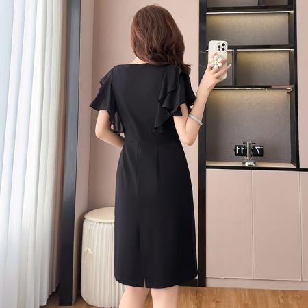 BY17292# 赫本风烫钻气质修身显瘦黑色短袖连衣裙大码女装胖mm阔太太夏新款