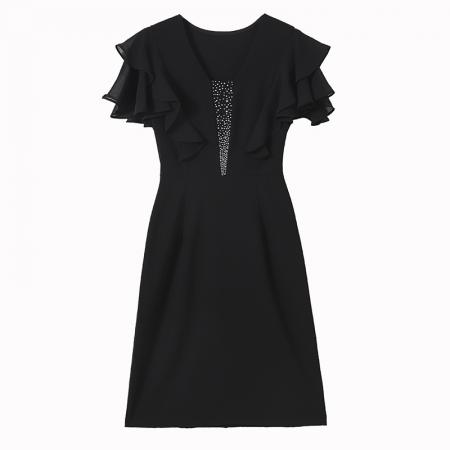 BY17292# 赫本风烫钻气质修身显瘦黑色短袖连衣裙大码女装胖mm阔太太夏新款