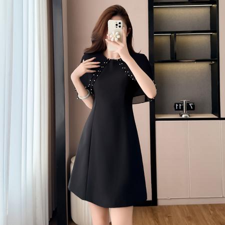 BY17293# 斗篷款假两件黑色气质修身显瘦短袖连衣裙大码女装胖mm夏新款泡珠