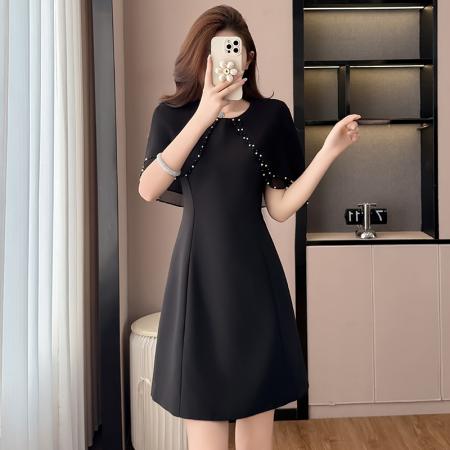 BY17293# 斗篷款假两件黑色气质修身显瘦短袖连衣裙大码女装胖mm夏新款泡珠