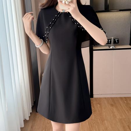 BY17293# 斗篷款假两件黑色气质修身显瘦短袖连衣裙大码女装胖mm夏新款泡珠