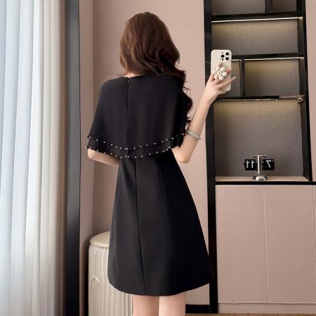 BY17293# 斗篷款假两件黑色气质修身显瘦短袖连衣裙大码女装胖mm夏新款泡珠