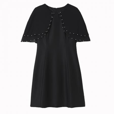 BY17293# 斗篷款假两件黑色气质修身显瘦短袖连衣裙大码女装胖mm夏新款泡珠