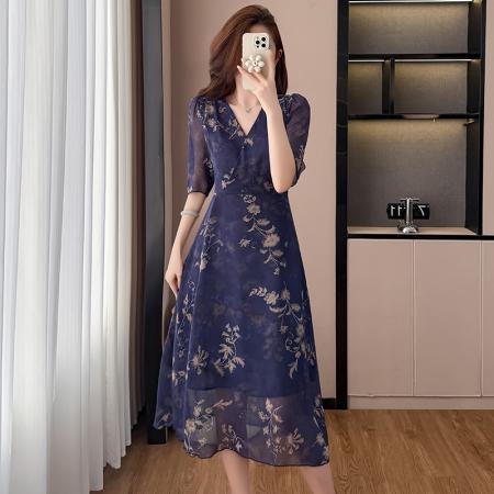 BY17294# 藏蓝色雪纺修身显瘦中长款夏季新款阔太太装时尚洋气A字裙子