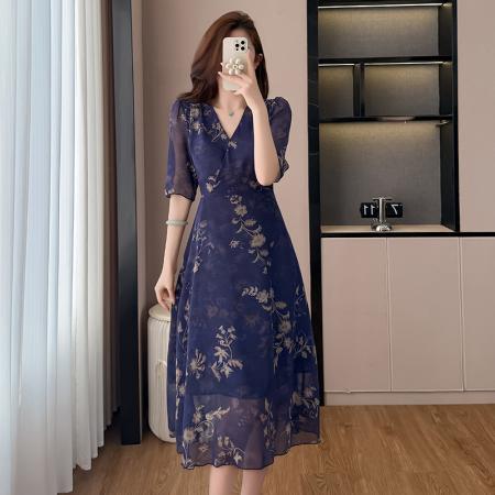 BY17294# 藏蓝色雪纺修身显瘦中长款夏季新款阔太太装时尚洋气A字裙子