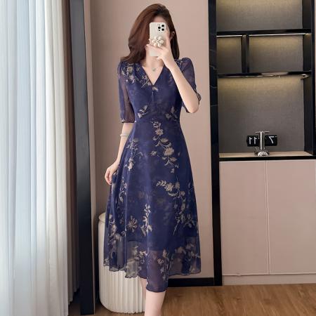 BY17294# 藏蓝色雪纺修身显瘦中长款夏季新款阔太太装时尚洋气A字裙子