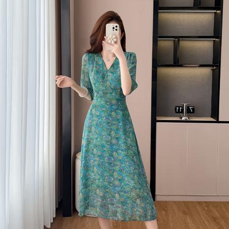 BY17295# 雪纺碎花时尚洋气修身显瘦中长款阔太太装短袖连衣裙夏季新款