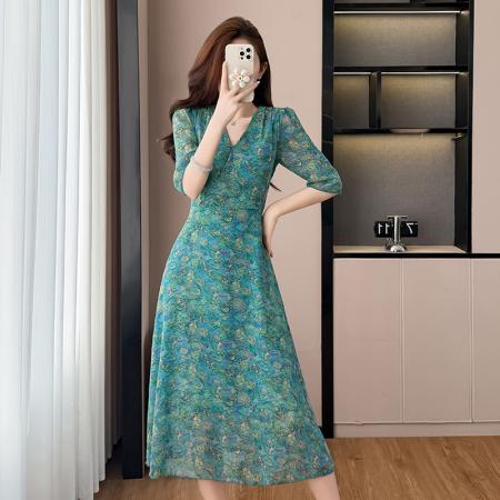 BY17295# 雪纺碎花时尚洋气修身显瘦中长款阔太太装短袖连衣裙夏季新款