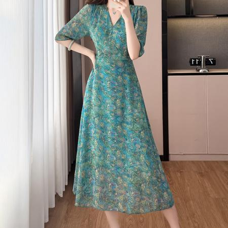 BY17295# 雪纺碎花时尚洋气修身显瘦中长款阔太太装短袖连衣裙夏季新款