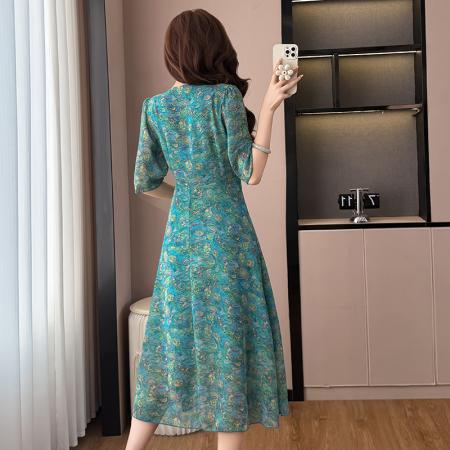 BY17295# 雪纺碎花时尚洋气修身显瘦中长款阔太太装短袖连衣裙夏季新款