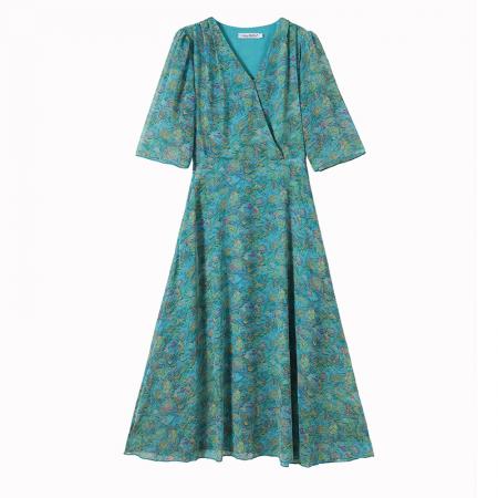 BY17295# 雪纺碎花时尚洋气修身显瘦中长款阔太太装短袖连衣裙夏季新款