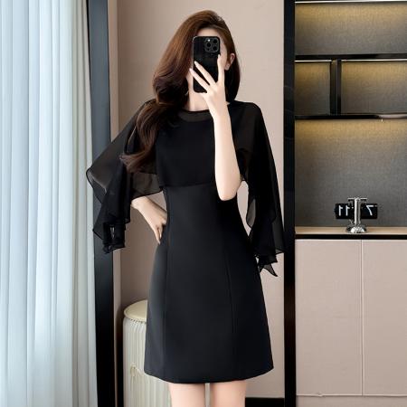 BY17296# 黑色气质飞飞袖夏季新款大码女装胖mm修身显瘦包臀连衣裙子赫本风