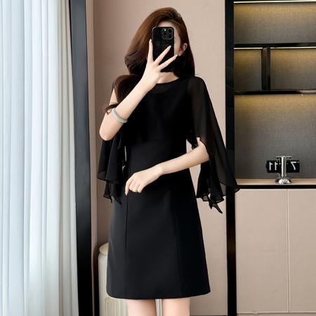 BY17296# 黑色气质飞飞袖夏季新款大码女装胖mm修身显瘦包臀连衣裙子赫本风