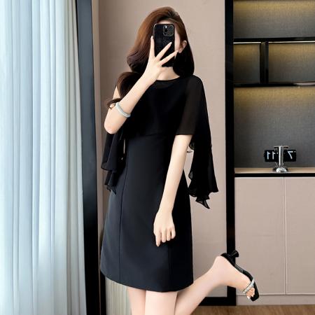 BY17296# 黑色气质飞飞袖夏季新款大码女装胖mm修身显瘦包臀连衣裙子赫本风