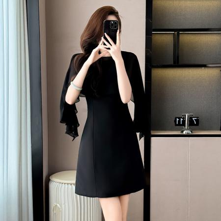 BY17296# 黑色气质飞飞袖夏季新款大码女装胖mm修身显瘦包臀连衣裙子赫本风