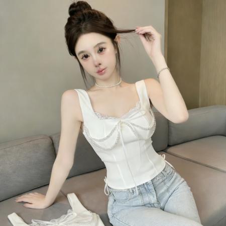 BY17297# 带胸垫小香风珍珠鱼骨吊带背心女纯欲抹胸内搭打底蕾丝上衣