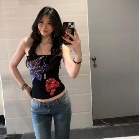 BY17298# 莫代尔人棉面料原版型辣妹风纯欲抹胸，印花+防滑条