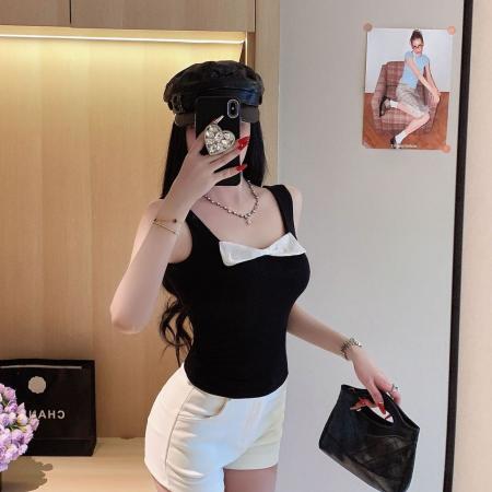 BY17299# -人棉260克-蝴蝶少女甜美弹力修身蝴蝶结装饰背心上衣女