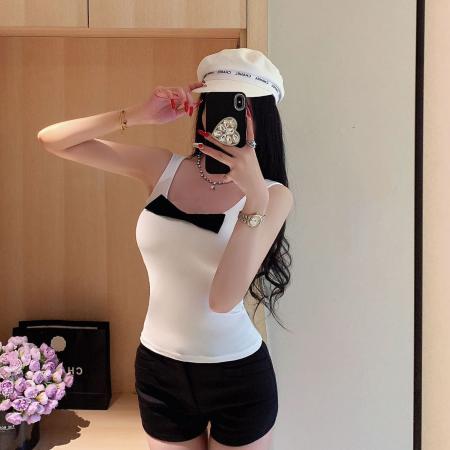 BY17299# -人棉260克-蝴蝶少女甜美弹力修身蝴蝶结装饰背心上衣女