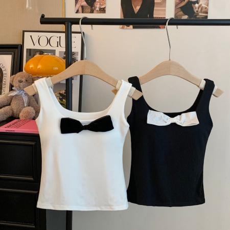 BY17299# -人棉260克-蝴蝶少女甜美弹力修身蝴蝶结装饰背心上衣女