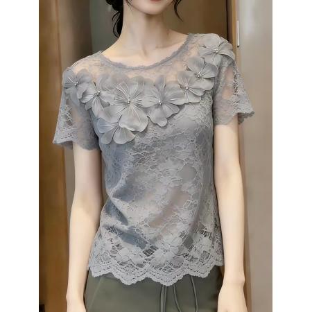 BY17301# 欧货高端定制灰色花朵大码上衣女夏季新款钉珠蕾丝设计感短袖