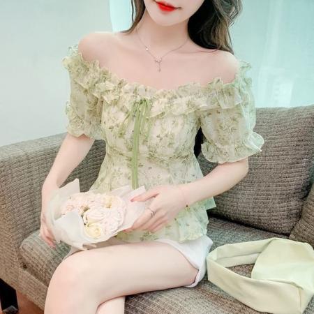 BY17303# 法式别致收腰漂亮上衣夏季清新新款短袖甜美雪纺碎花衬衫小衫