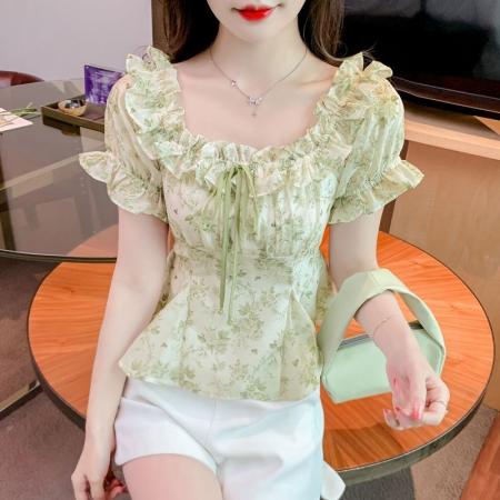 BY17303# 法式别致收腰漂亮上衣夏季清新新款短袖甜美雪纺碎花衬衫小衫