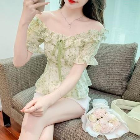 BY17303# 法式别致收腰漂亮上衣夏季清新新款短袖甜美雪纺碎花衬衫小衫