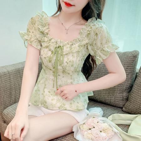 BY17303# 法式别致收腰漂亮上衣夏季清新新款短袖甜美雪纺碎花衬衫小衫