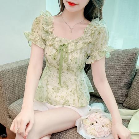 BY17303# 法式别致收腰漂亮上衣夏季清新新款短袖甜美雪纺碎花衬衫小衫