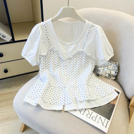 BY17304# 洋气木耳边碎花吊带拼接T恤女夏季大码胖妹妹减龄设计感百搭上衣