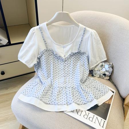 BY17304# 洋气木耳边碎花吊带拼接T恤女夏季大码胖妹妹减龄设计感百搭上衣