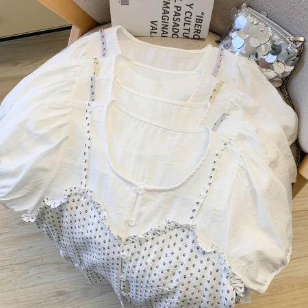 BY17304# 洋气木耳边碎花吊带拼接T恤女夏季大码胖妹妹减龄设计感百搭上衣