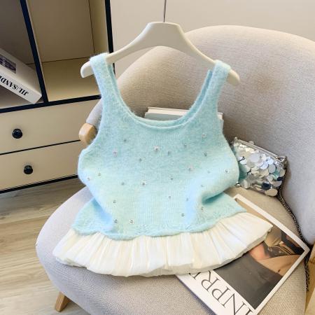 BY17305# 网纱拼接高级感针织马甲女春季新款设计感背心温柔风外穿上衣