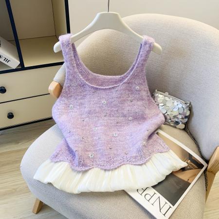 BY17305# 网纱拼接高级感针织马甲女春季新款设计感背心温柔风外穿上衣