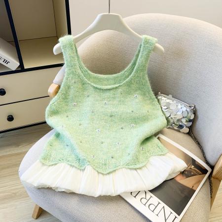 BY17305# 网纱拼接高级感针织马甲女春季新款设计感背心温柔风外穿上衣