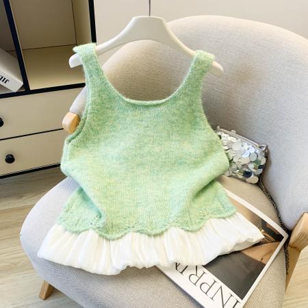 BY17305# 网纱拼接高级感针织马甲女春季新款设计感背心温柔风外穿上衣