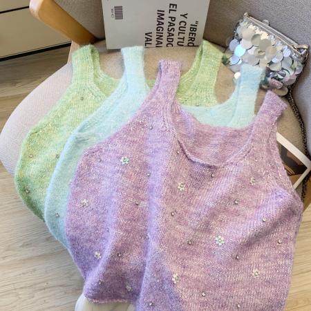 BY17305# 网纱拼接高级感针织马甲女春季新款设计感背心温柔风外穿上衣