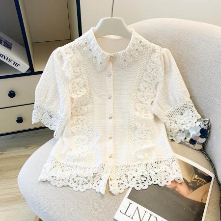 BY17307# 法式气质蕾丝拼接钉珠翻领短袖衬衫女春高级感单排扣减龄上衣