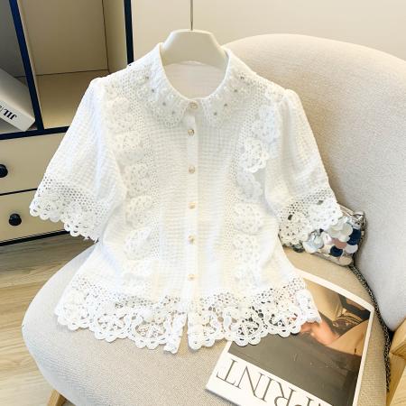 BY17307# 法式气质蕾丝拼接钉珠翻领短袖衬衫女春高级感单排扣减龄上衣