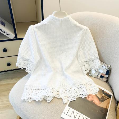 BY17307# 法式气质蕾丝拼接钉珠翻领短袖衬衫女春高级感单排扣减龄上衣