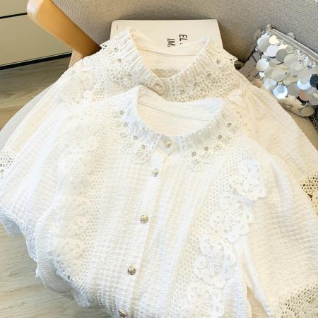 BY17307# 法式气质蕾丝拼接钉珠翻领短袖衬衫女春高级感单排扣减龄上衣