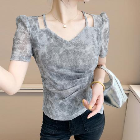 BY17309# 洋气漂亮短袖T恤女修身捏褶短款小衫夏季薄款韩版时尚超好看